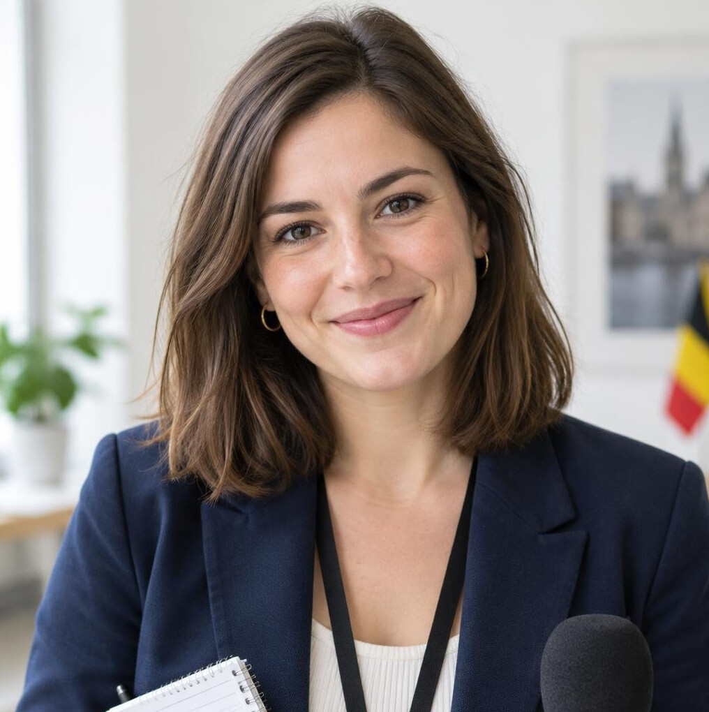 Smiling young woman journalist portrait in a bright newsroom