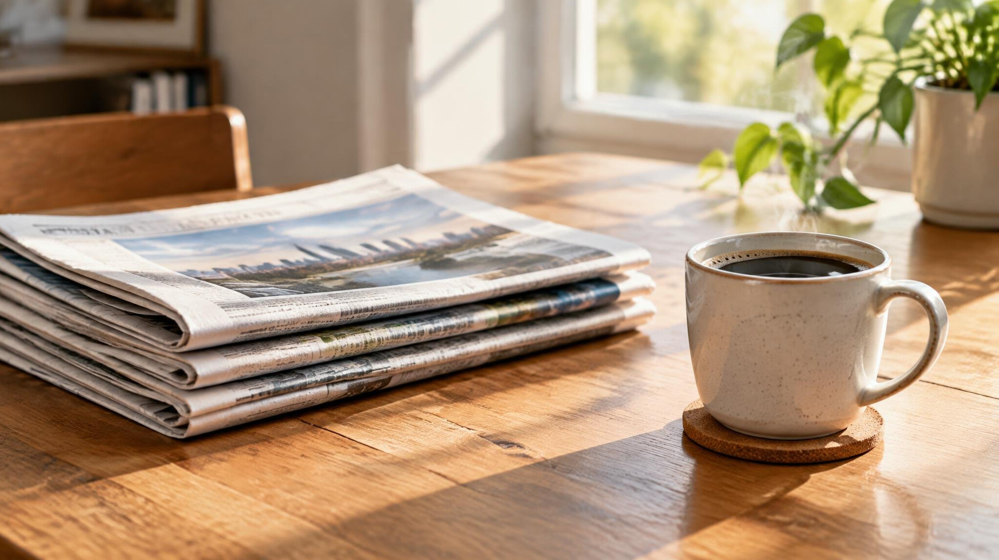 Stack of newspapers on a table
