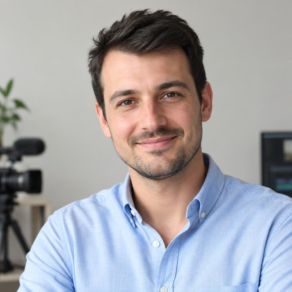Smiling young man content producer portrait