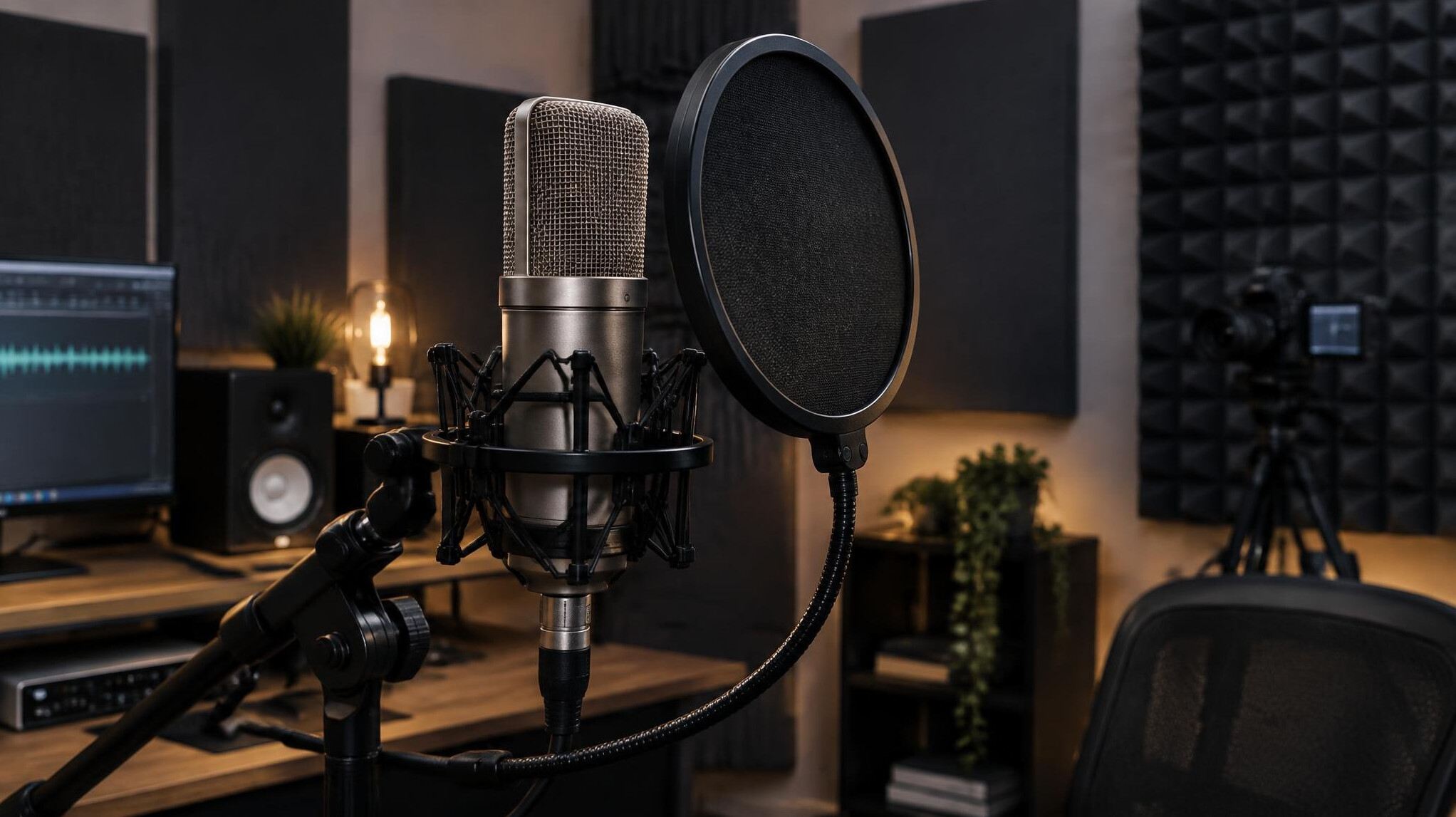 Professional microphone in a small recording studio