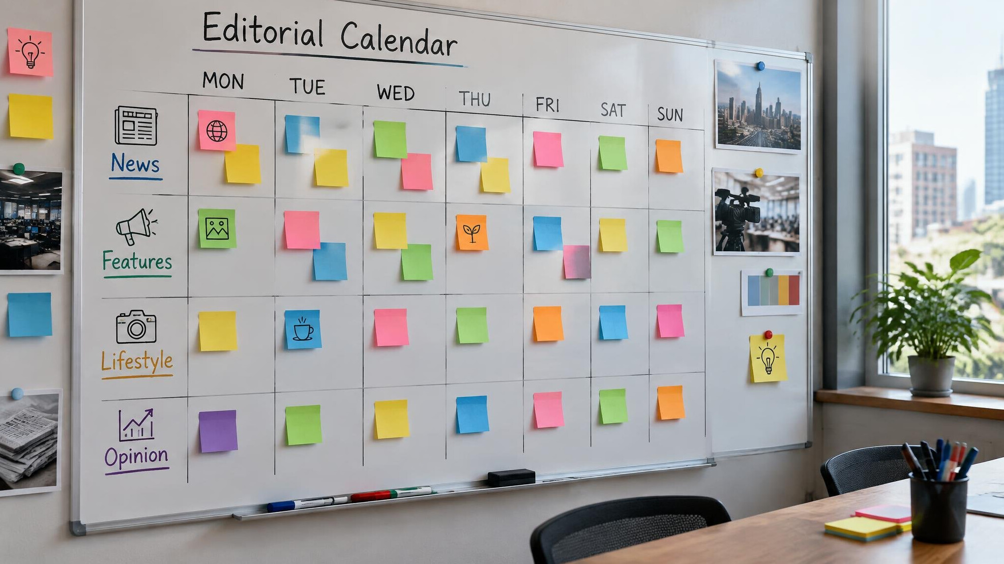 Wall of sticky notes used for editorial planning