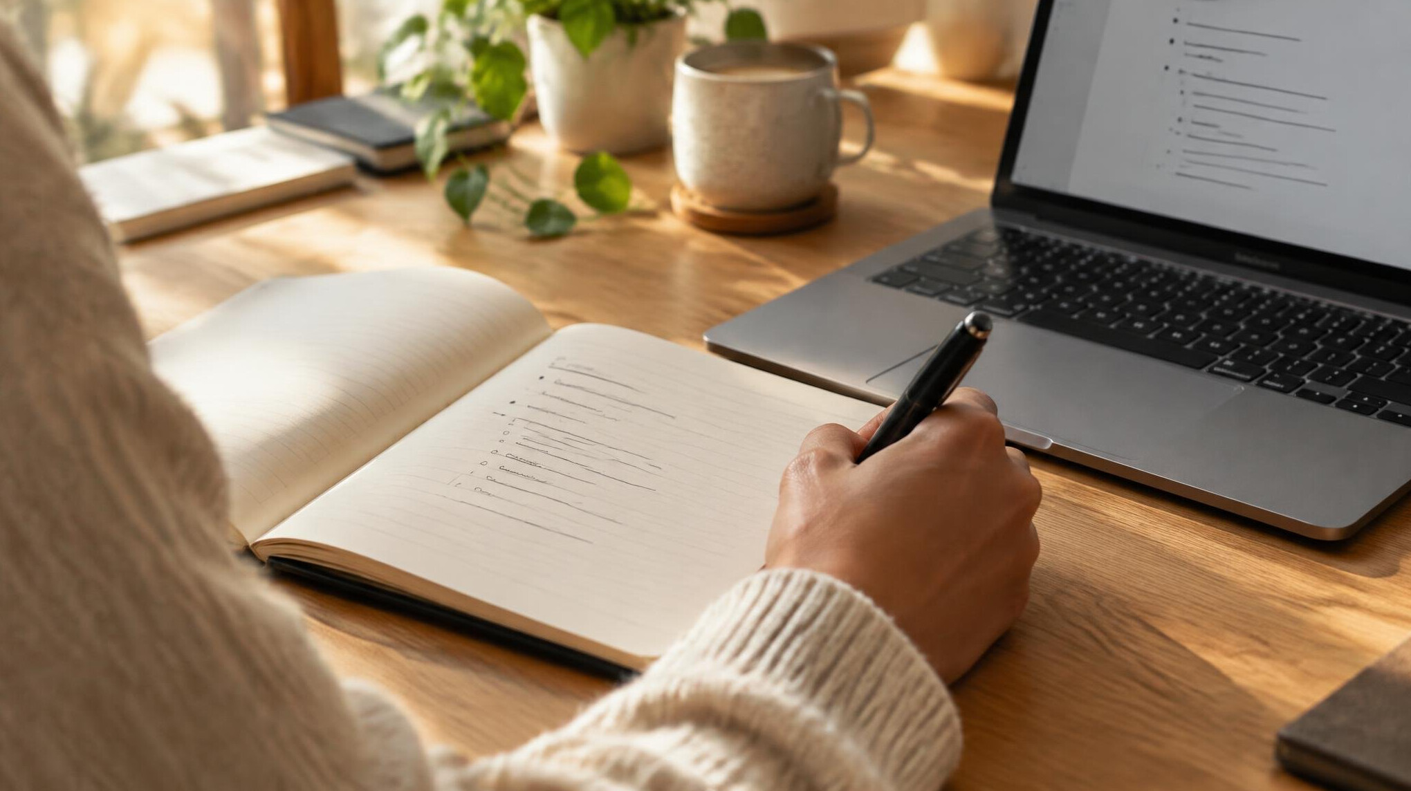 Hand writing in a notebook next to a laptop on a wooden desk